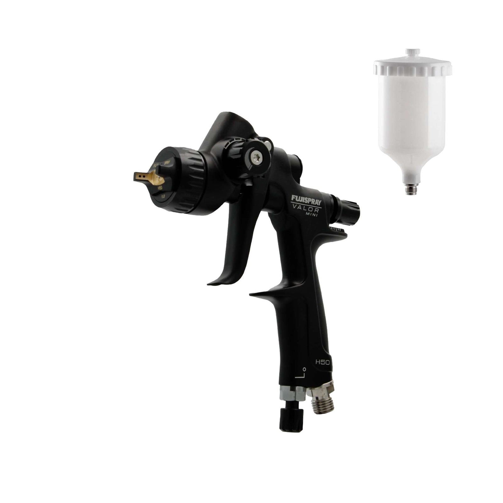 Fuji Spray VALOR Mini H50 gravity-feed spray gun in matte black, shown beside its 200cc nylon cup rather than with the cup mounted.