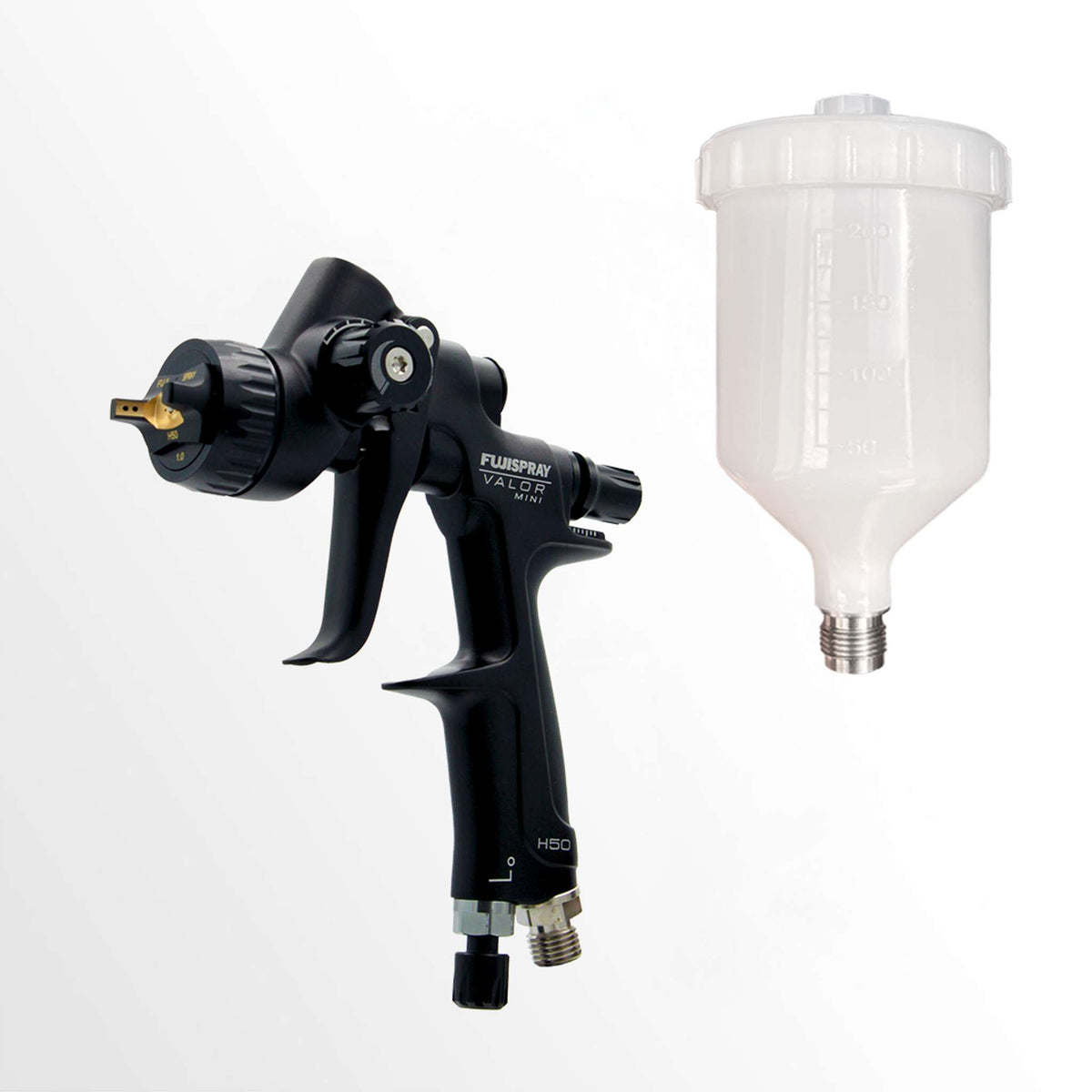 VALOR Mini H50 Compressor Spray Gun - Gravity Feed, 200cc Nylon Cup - 1.0 mm Air Cap Set