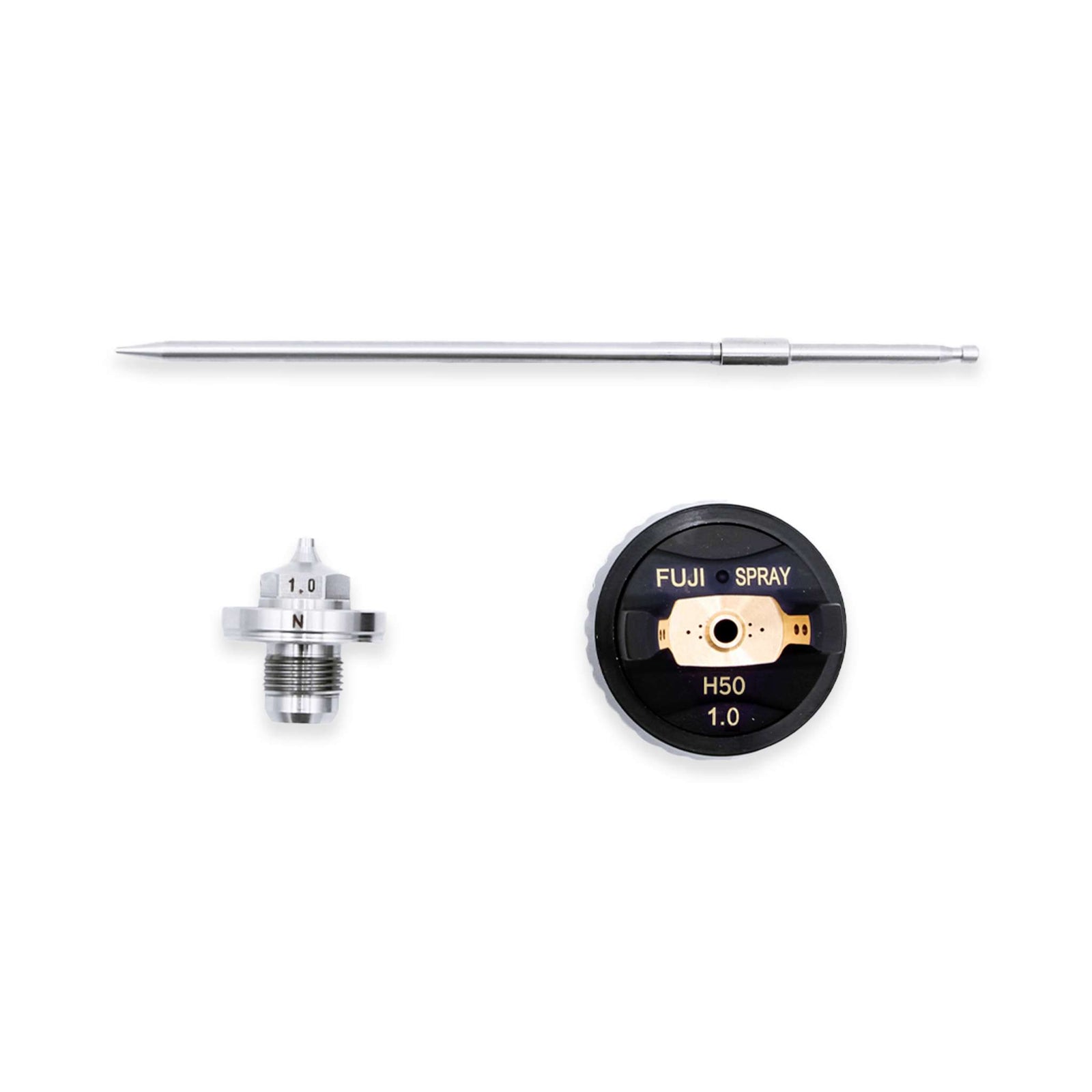 Fuji VALOR Mini H50 1.0 mm air cap set — needle, fluid nozzle and air cap laid out on white, each marked 1.0.