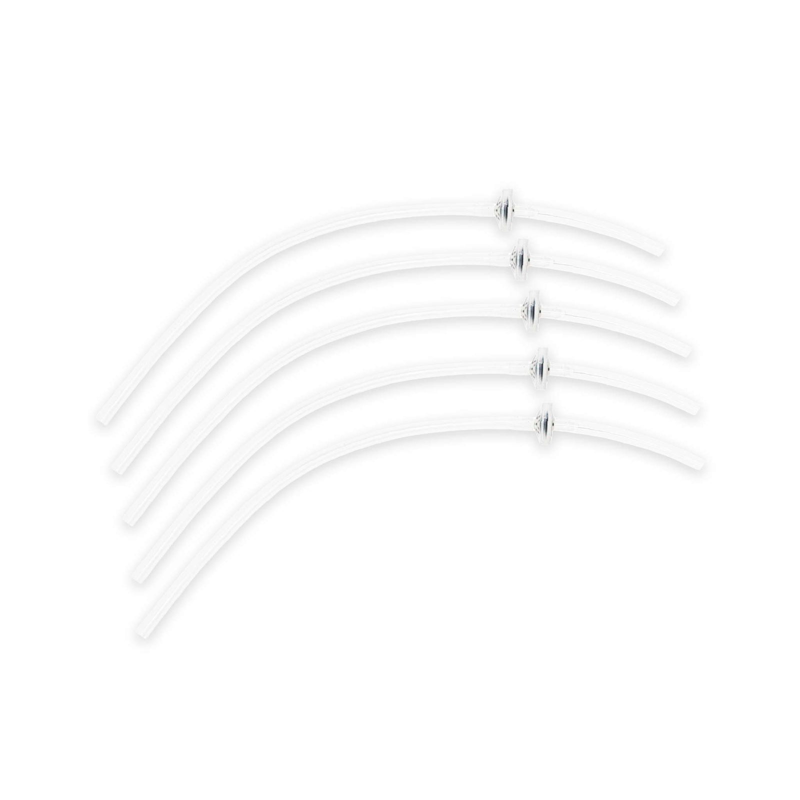 Five clear curved pressure tubes, each with a check valve fitted at one end.