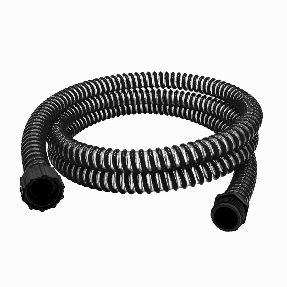 Coiled black ribbed Fuji Spray whip hose with a threaded connector at each end.