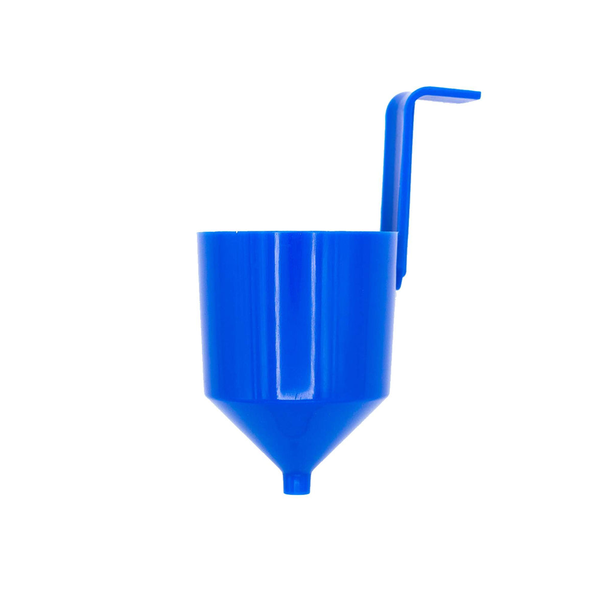 Blue plastic Ford #4 viscosity cup with its integral handle.