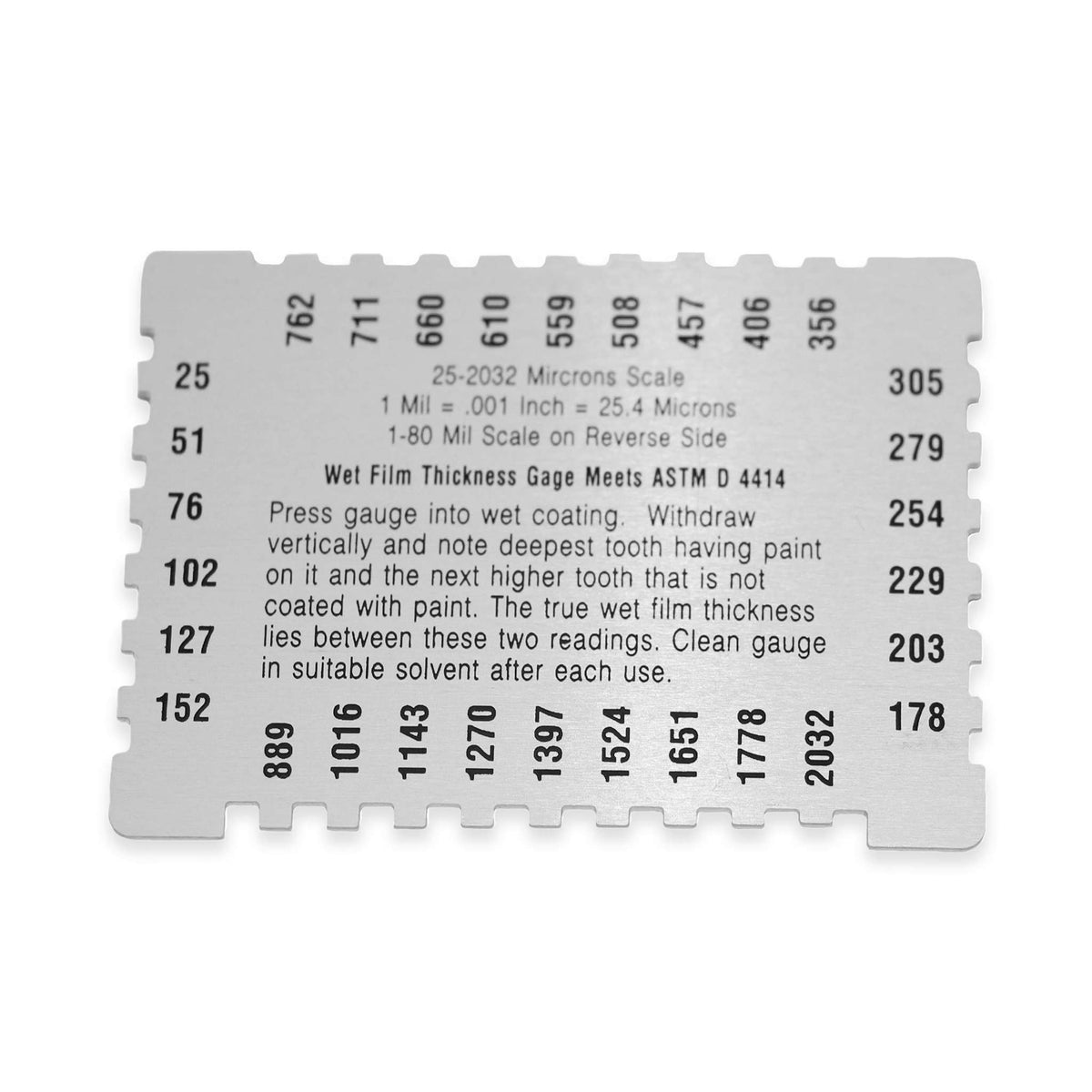 Fuji Spray wet film thickness gauge, back, 25 to 2032 micron scale with instructions.