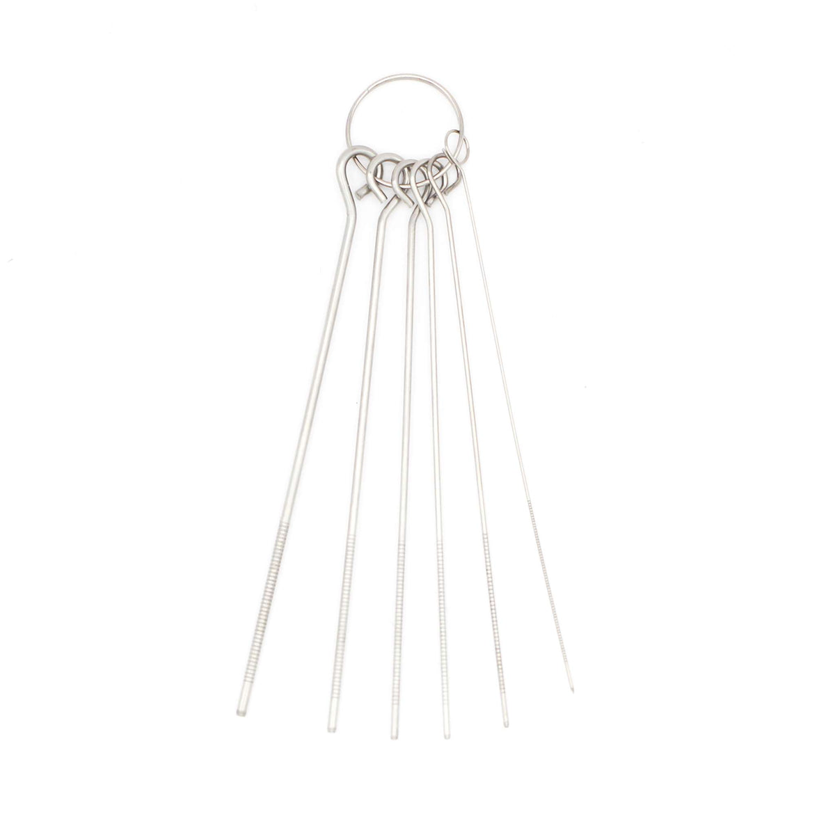 Set of five straight needle picks on a ring, from the 19-piece kit.