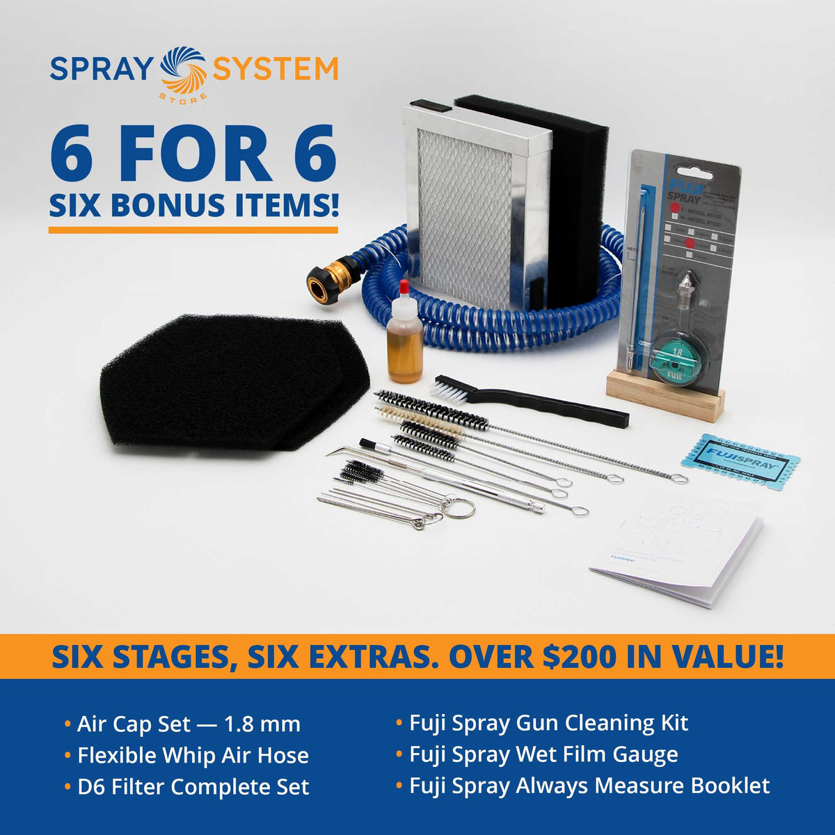 Spray System Store “6 for 6” graphic showing the six bonus items included with every D6 system: a 1.8 mm air cap set, flexible whip air hose, D6 filter complete set, gun cleaning kit, wet film gauge and Always Measure booklet.