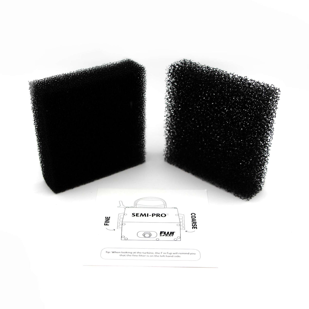 Two square foam turbine filters standing upright beside the Fuji Spray card showing which side faces coarse and which fine.