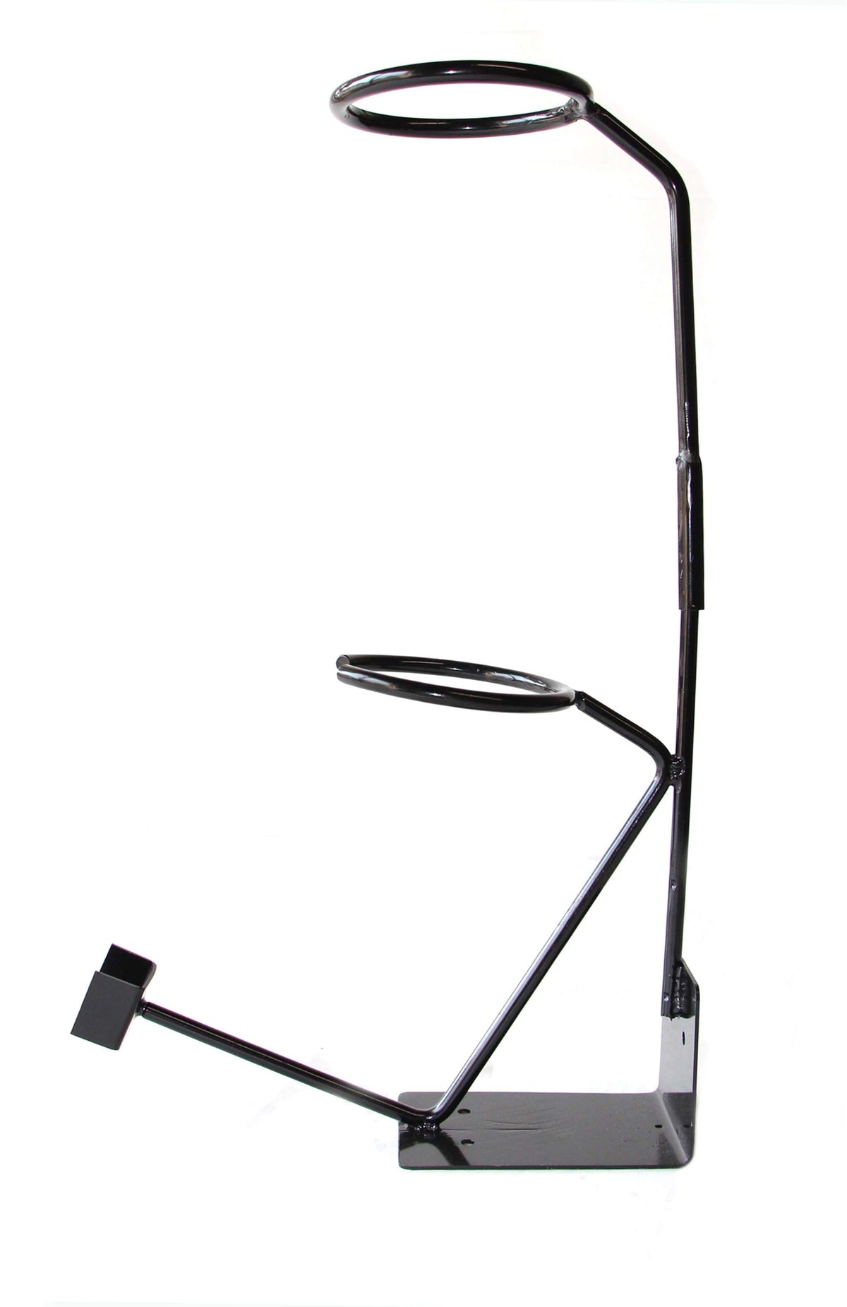Black Fuji Spray gravity-feed gun holder stand, empty, showing the two support rings on a weighted base.