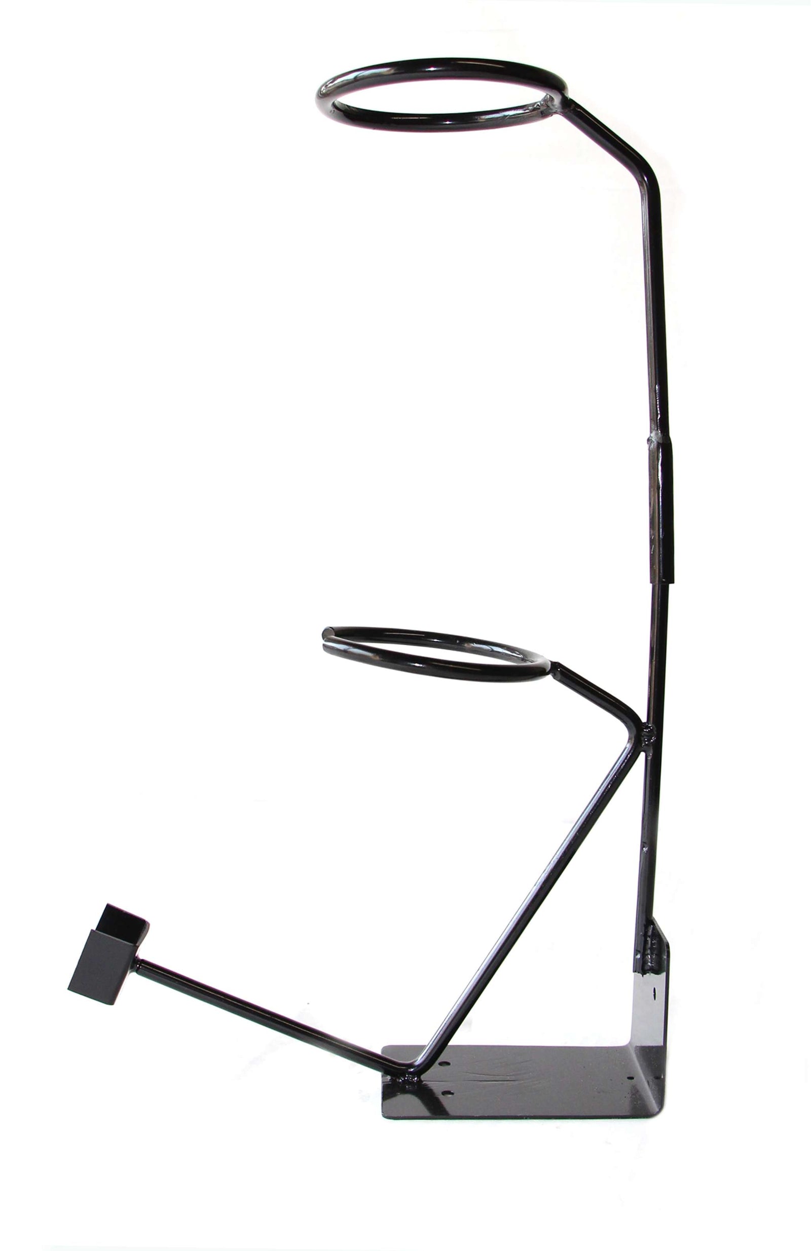 Black Fuji Spray gravity-feed gun holder stand, empty, showing the two support rings on a weighted base.