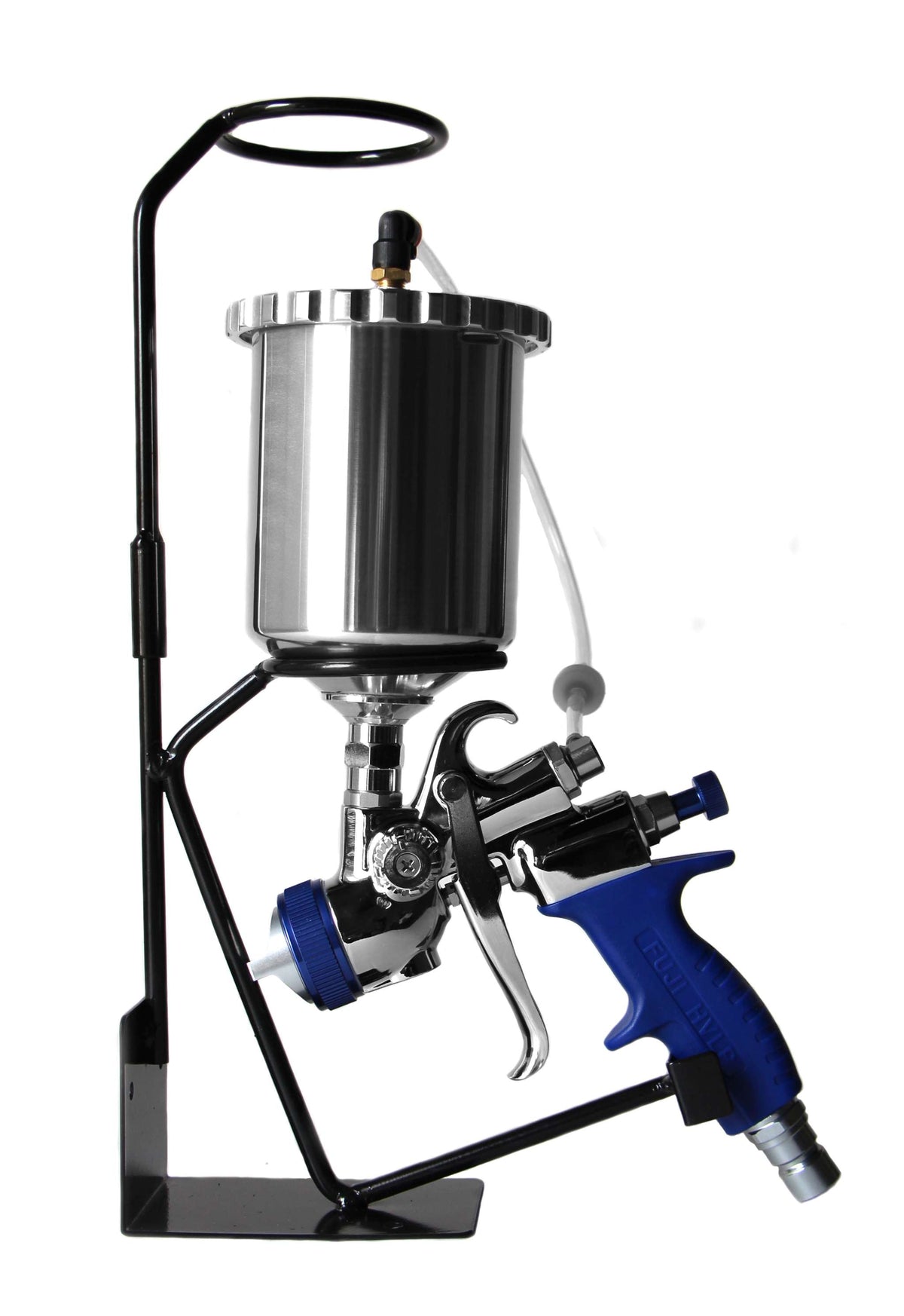 The gun holder stand holding a blue Fuji Spray gravity-feed spray gun with its metal cup fitted.