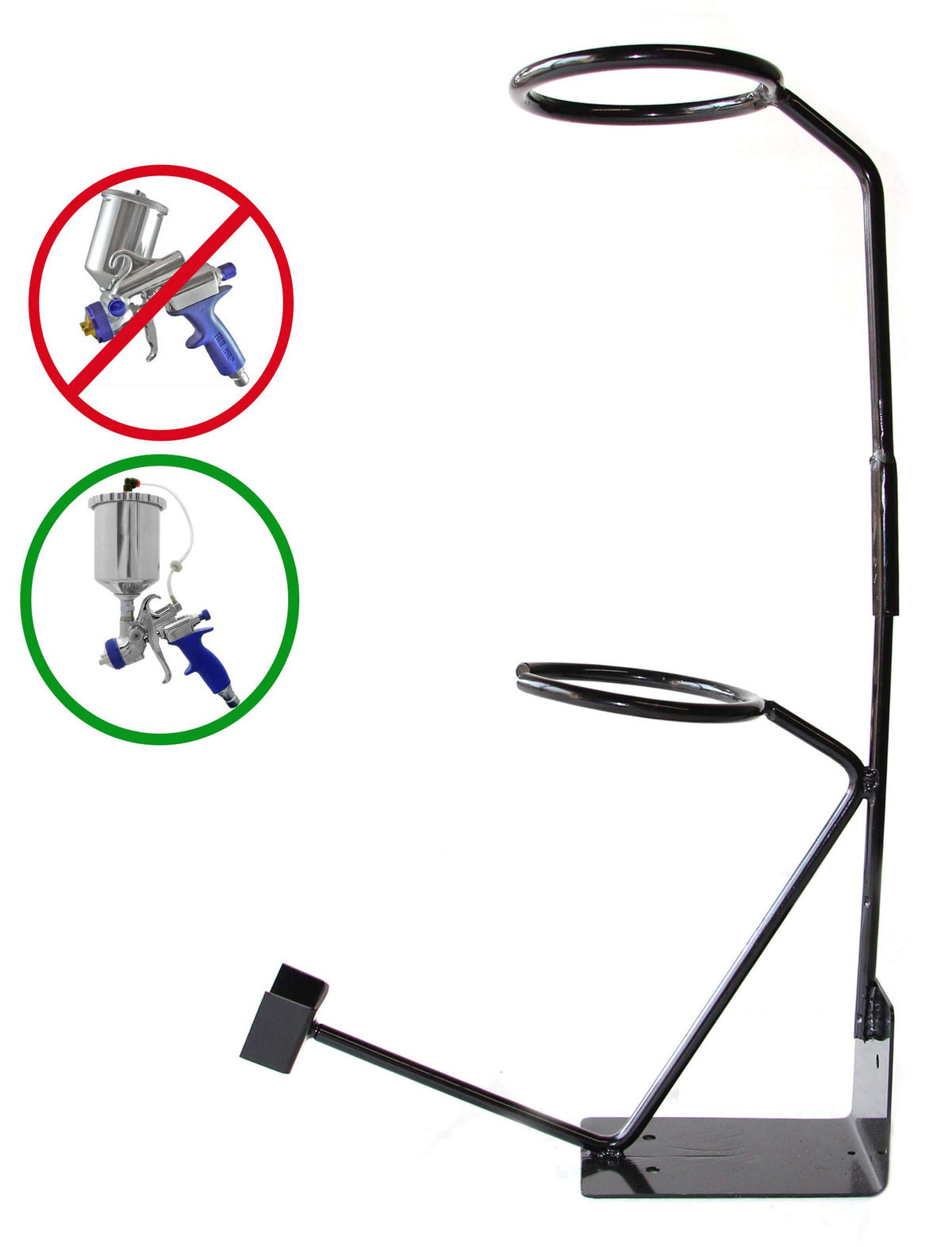 The gun holder stand with Fuji Spray compatibility icons: a bottom-feed gun crossed out in red, a gravity-feed gun circled in green.