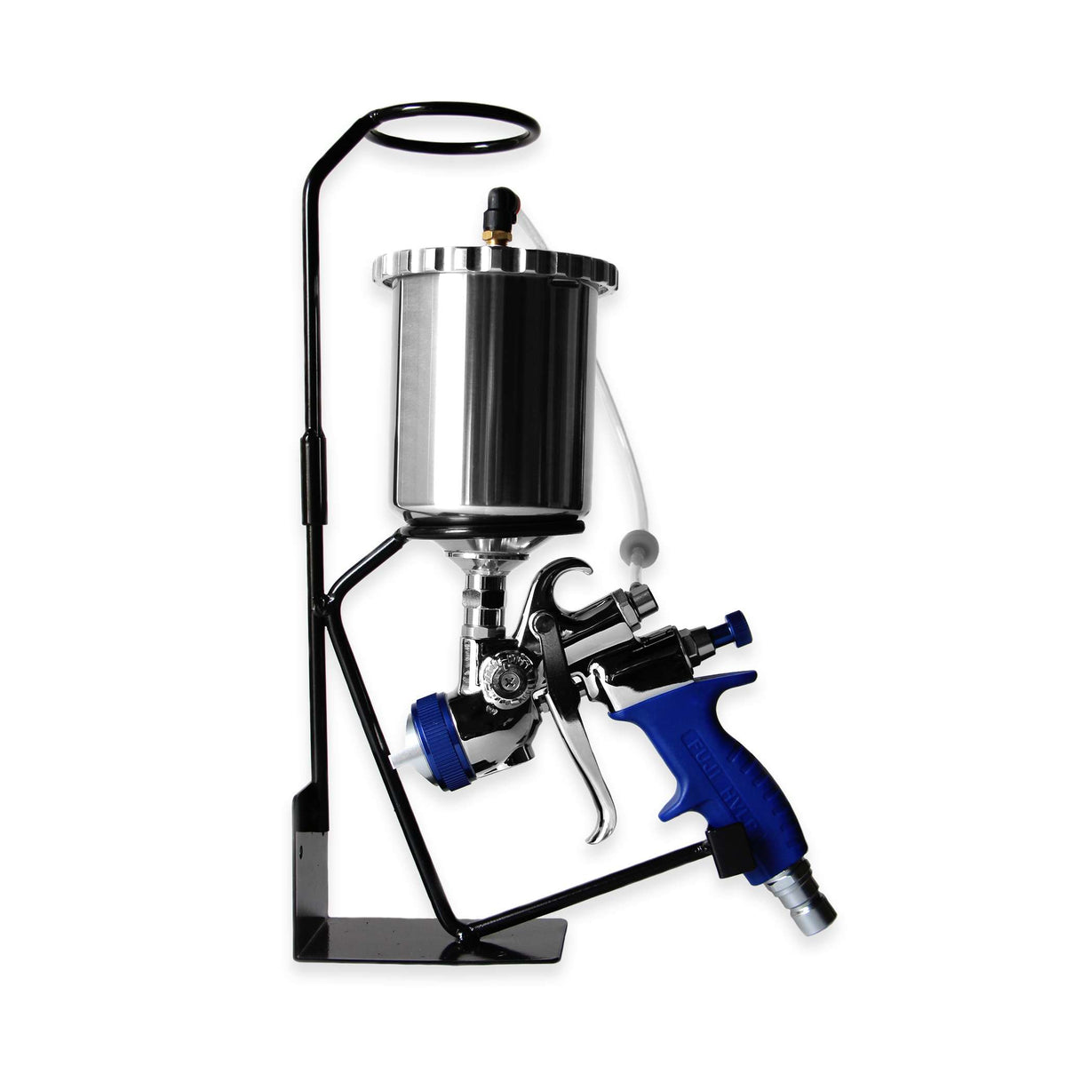 Fuji Spray gravity feed gun holder stand holding a gravity feed spray gun with its cup.