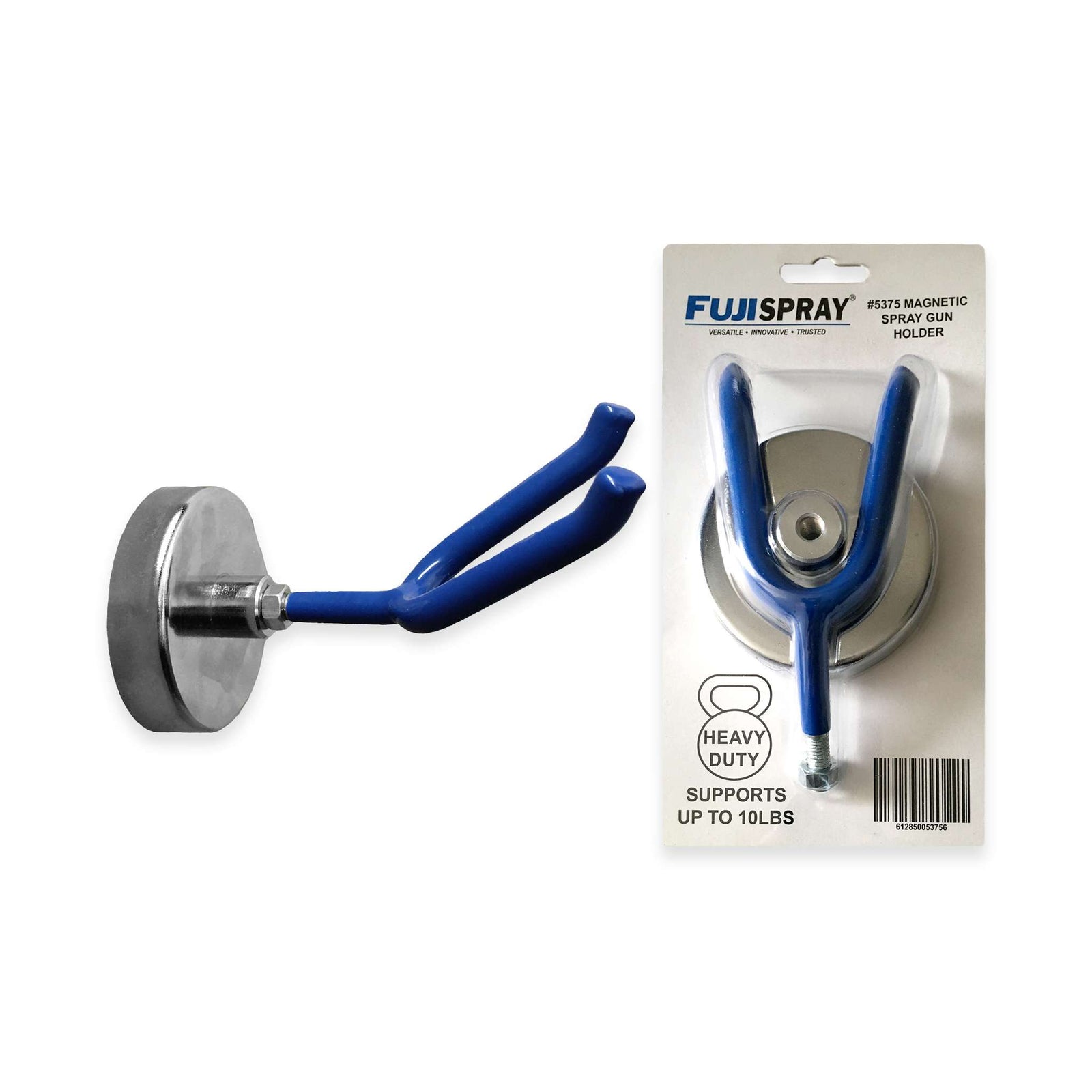 Fuji Spray magnetic spray gun holder, blue hook on a round magnet, shown beside its retail packaging.