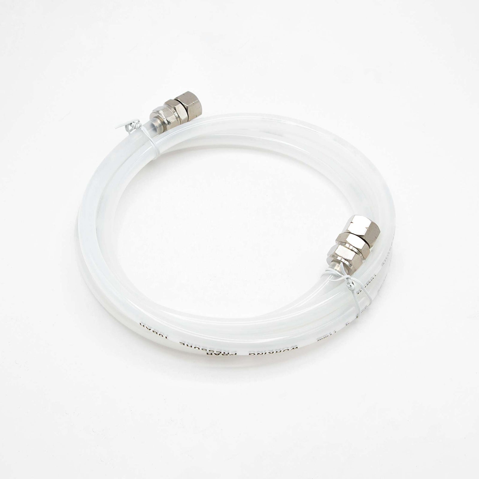 Coiled clear fluid hose for the 2 quart pressure pot, with a metal quick-connect fitting at each end.