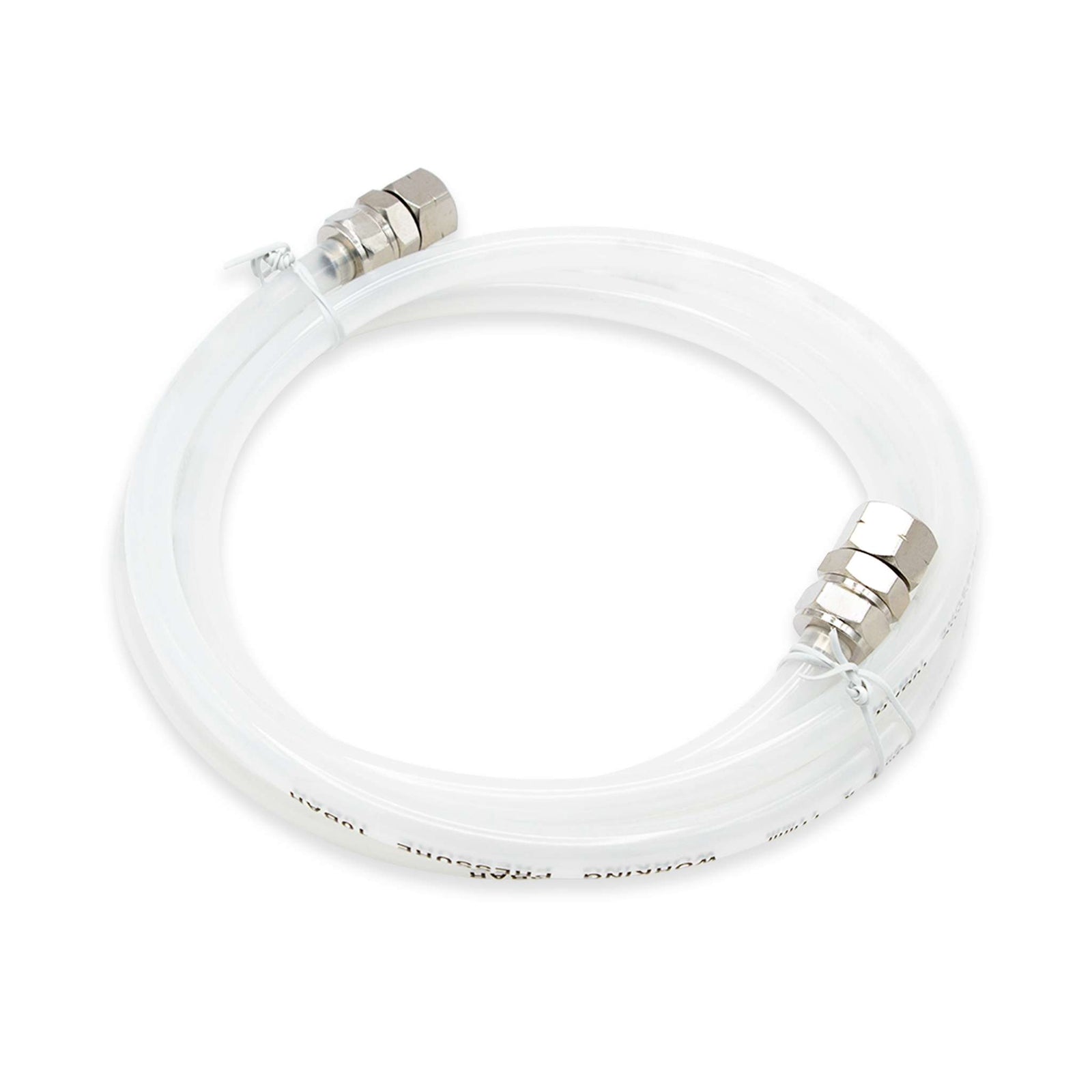 Fuji Spray 2 qt pressure pot fluid hose, clear, coiled, with a fitting at each end.