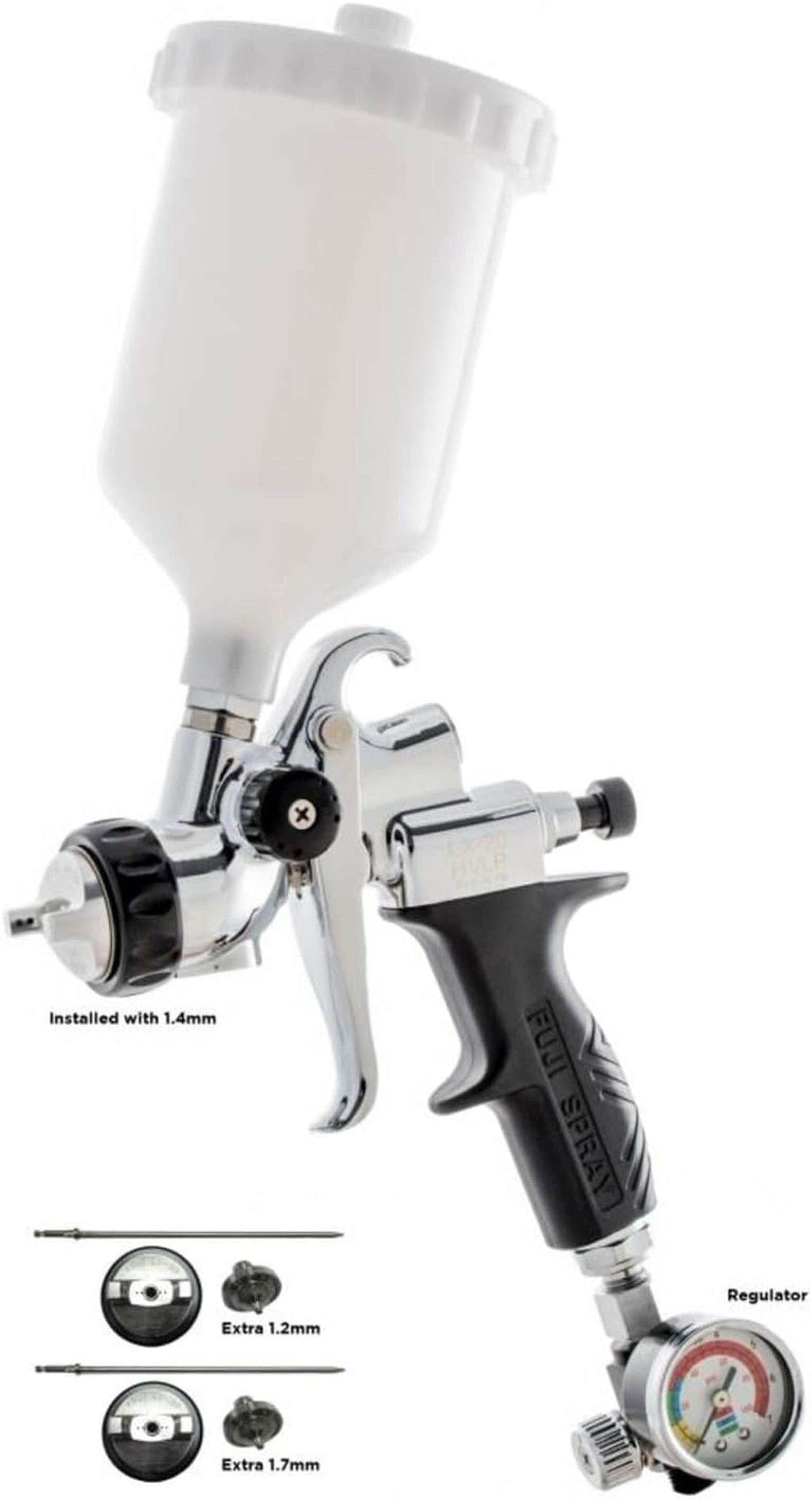Fuji Spray LX-20 gravity feed kit: the gun with 600cc cup and 1.4 mm set installed, extra 1.2 mm and 1.7 mm air cap sets, and the regulator.