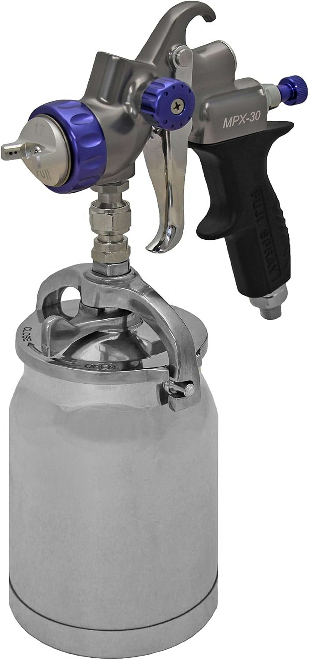 Fuji Spray MPX-30 mid-pressure compressor spray gun, siphon feed, with its 1 qt aluminum cup mounted.