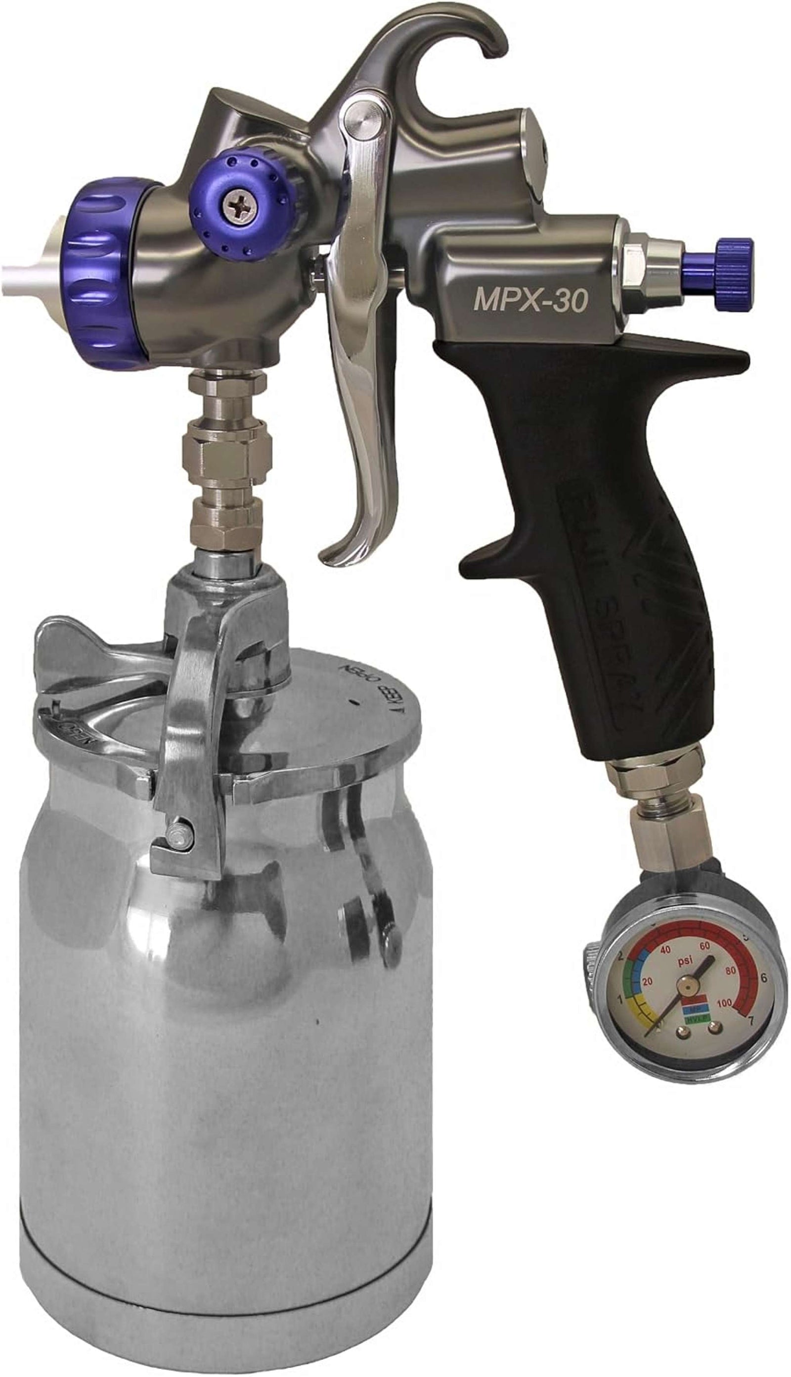 Fuji Spray MPX-30 siphon feed kit: the gun with 1 qt cup, the regulator, and the extra air cap set.