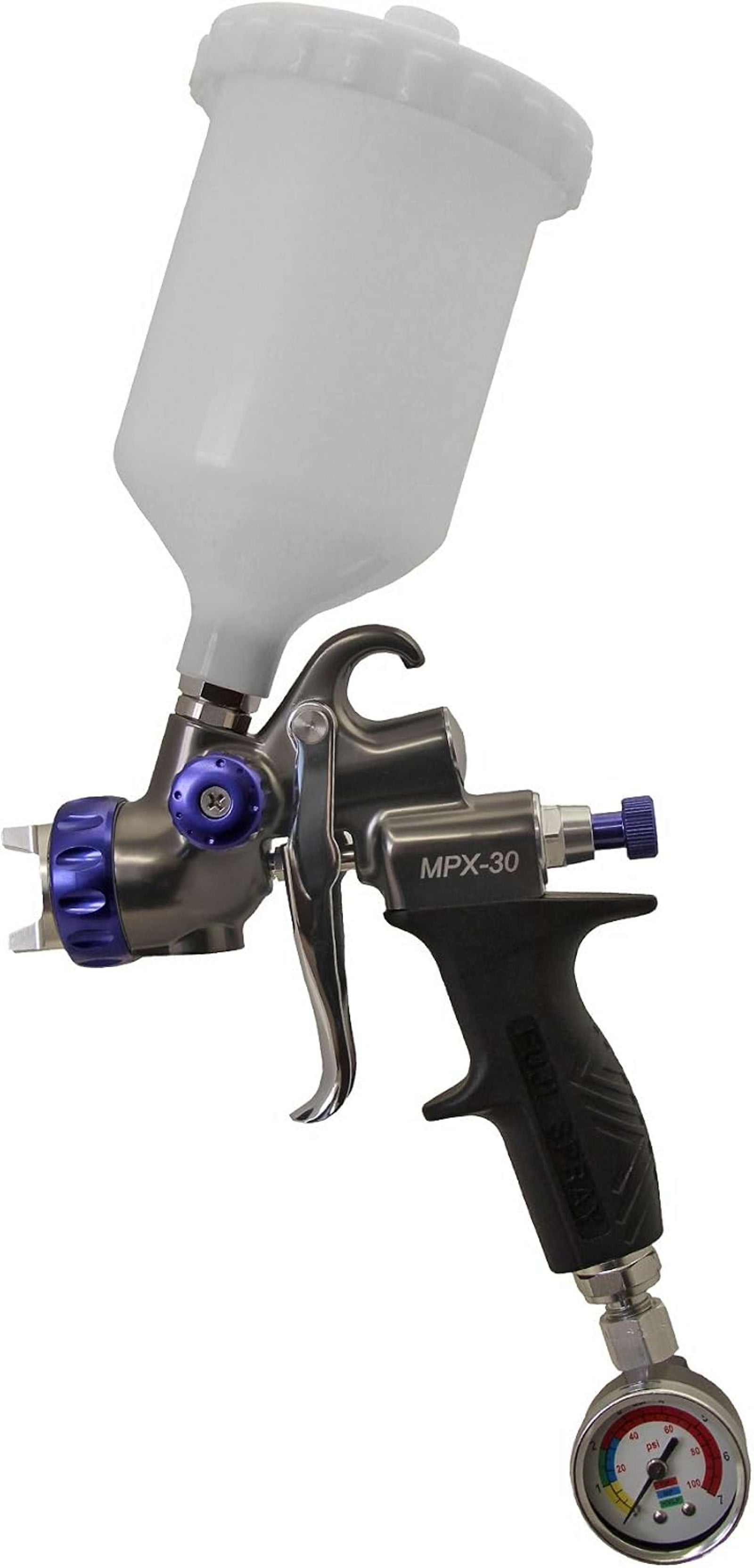 Fuji Spray MPX-30 gravity feed kit: the gun with 600cc cup, the regulator, and the extra air cap set.