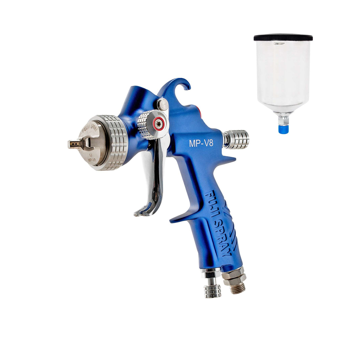 Fuji Spray MP-V8 mid-pressure compressor spray gun, blue, shown beside its 600cc cup (aluminum cup option).