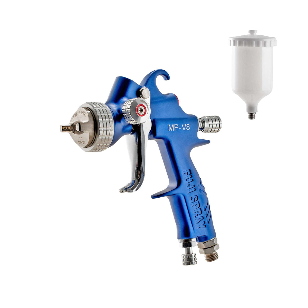 Fuji Spray MP-V8 mid-pressure compressor spray gun, blue, shown beside its 600cc cup (nylon cup option).