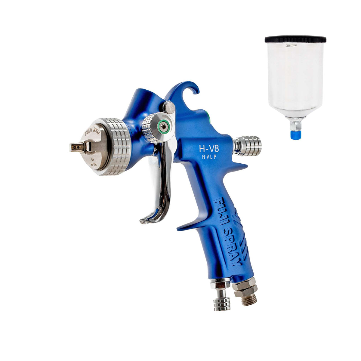 Fuji Spray H-V8 HVLP compressor spray gun, blue, shown beside its 600cc cup (aluminum cup option).
