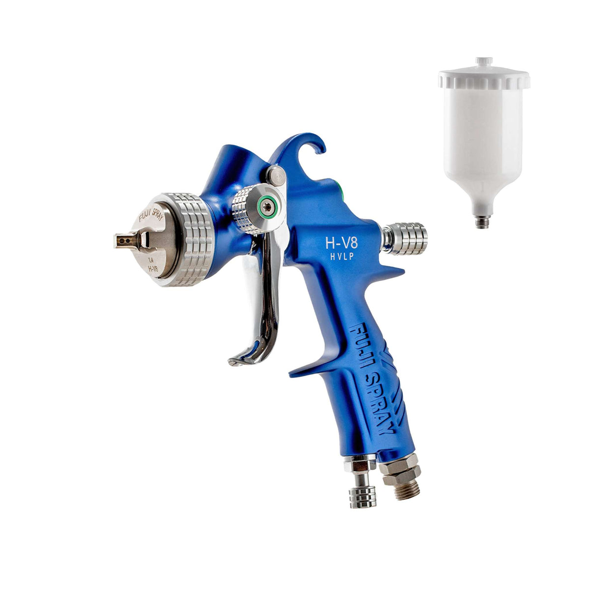 Fuji Spray H-V8 HVLP compressor spray gun, blue, shown beside its 600cc cup (nylon cup option).