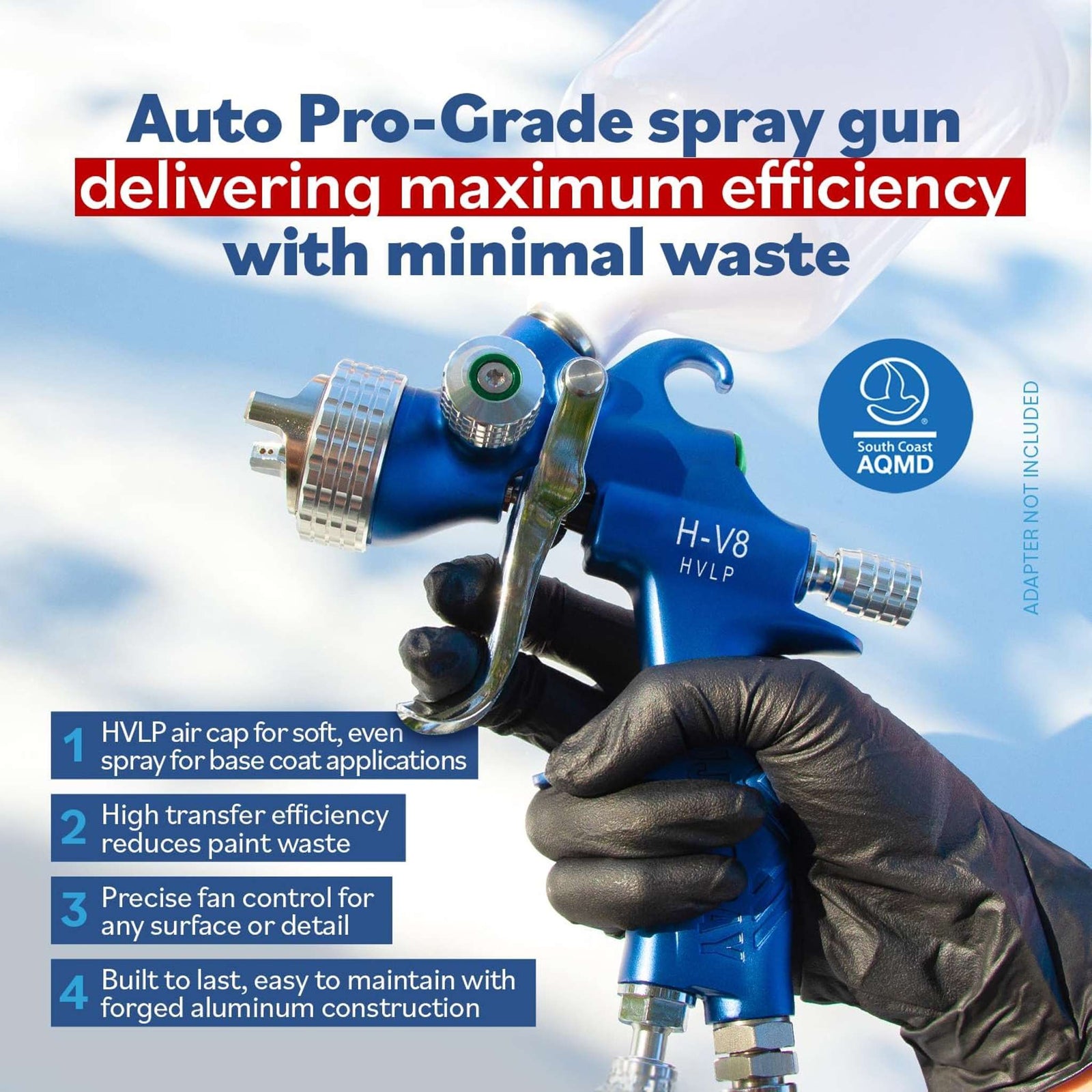 Fuji Spray marketing graphic for the H-V8: “Auto Pro-Grade spray gun delivering maximum efficiency with minimal waste,” HVLP air cap for base coat applications.