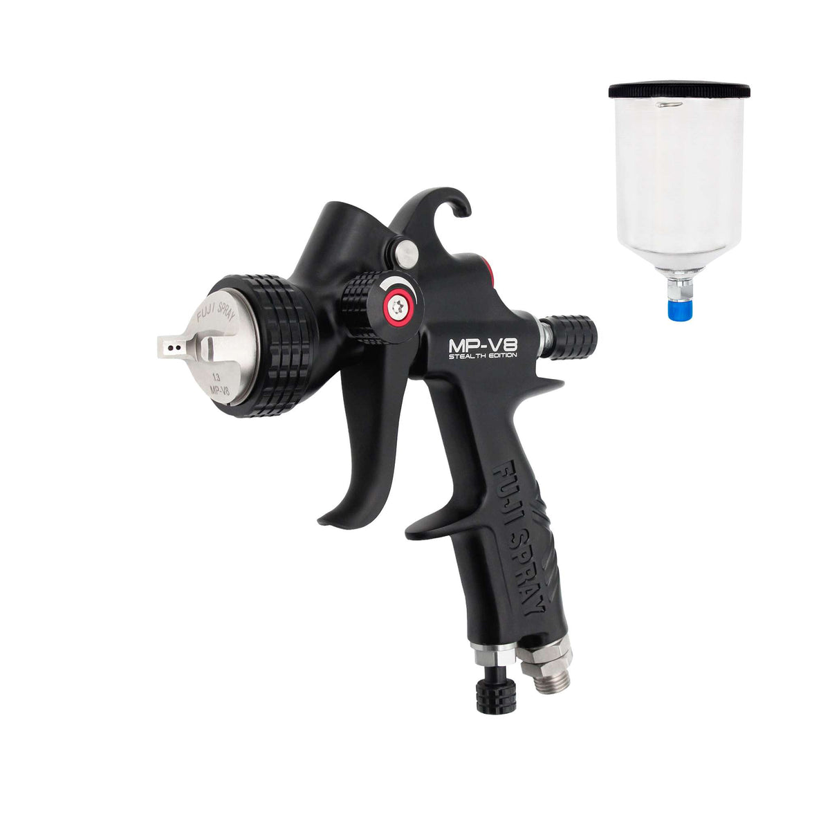 Fuji Spray MP-V8 STEALTH mid-pressure compressor spray gun, matte black, shown beside its 600cc cup (aluminum cup option).