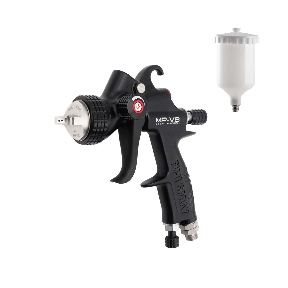 Fuji Spray MP-V8 STEALTH mid-pressure compressor spray gun, matte black, shown beside its 600cc cup (nylon cup option).