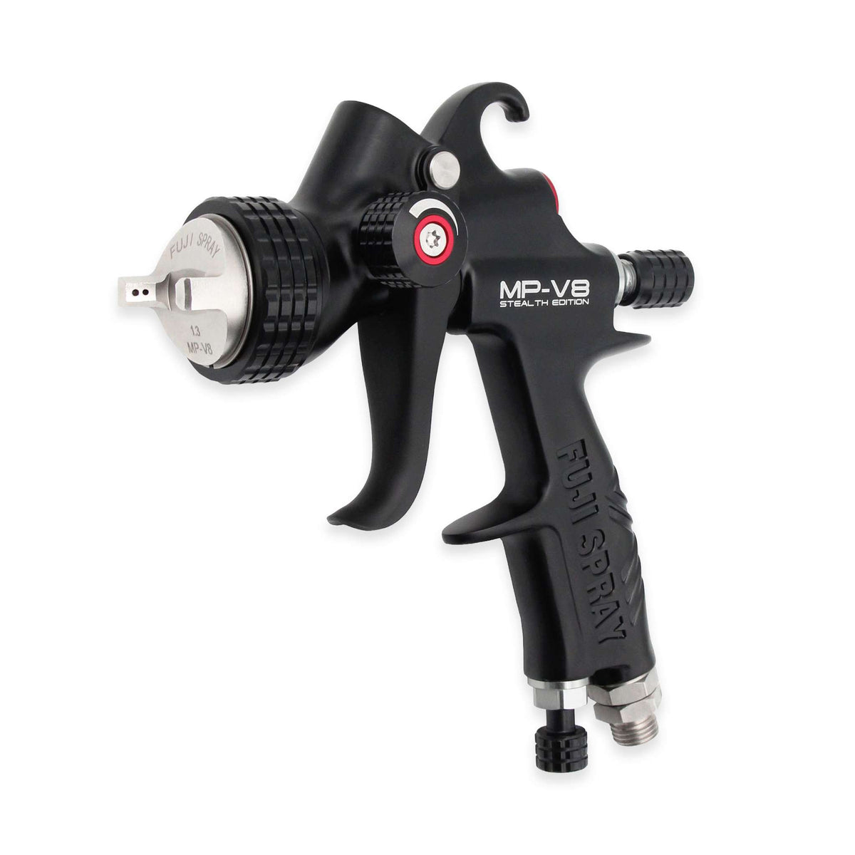 Fuji Spray MP-V8 STEALTH Edition compressor spray gun in matte black, three-quarter view on a plain background.