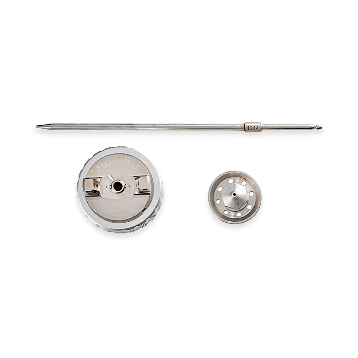 Fuji Spray MP-V8 and H-V8 air cap set: needle, fluid nozzle and air cap laid out on a plain background.