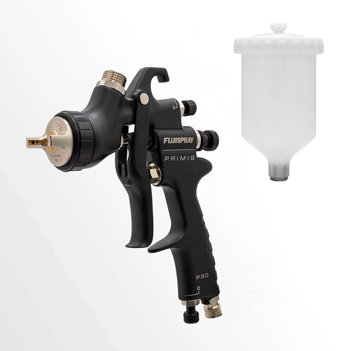 Fuji Spray PRIMIS P30 compressor spray gun beside its nylon gravity cup, on a plain background.