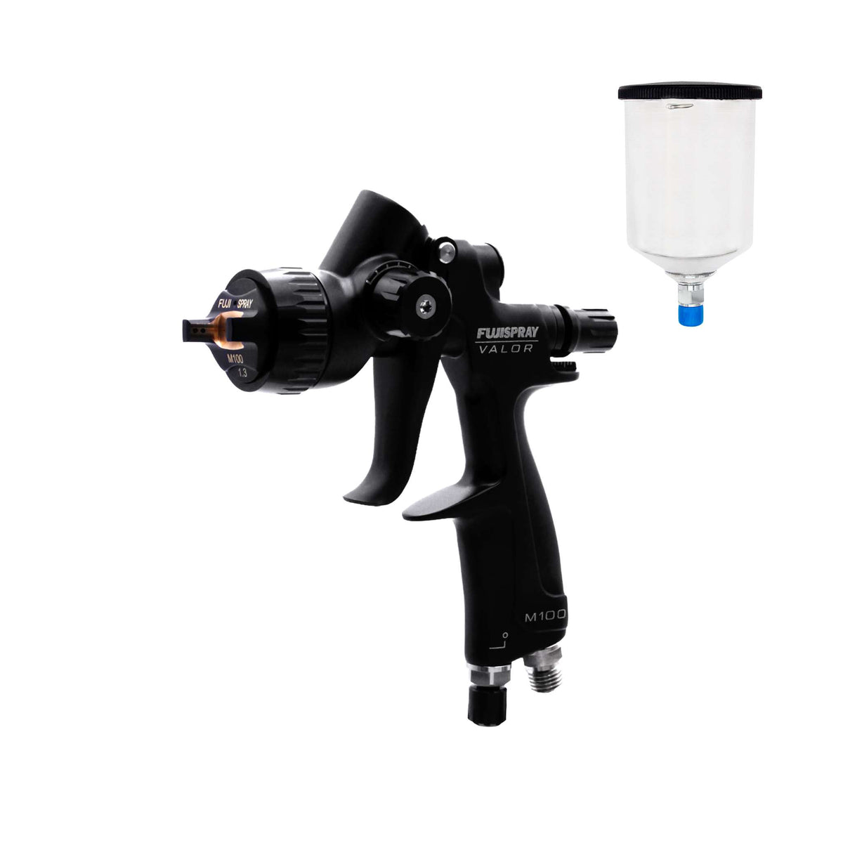 Fuji Spray VALOR M100 CLEAR compressor spray gun, black, shown beside its 600cc cup (aluminum cup option).