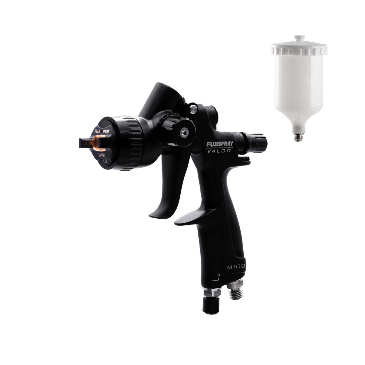 Fuji Spray VALOR M100 CLEAR compressor spray gun, black, shown beside its 600cc cup (nylon cup option).