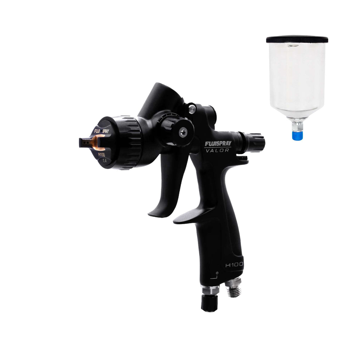 Fuji Spray VALOR H100 BASE compressor spray gun, black, shown beside its 600cc cup (aluminum cup option).