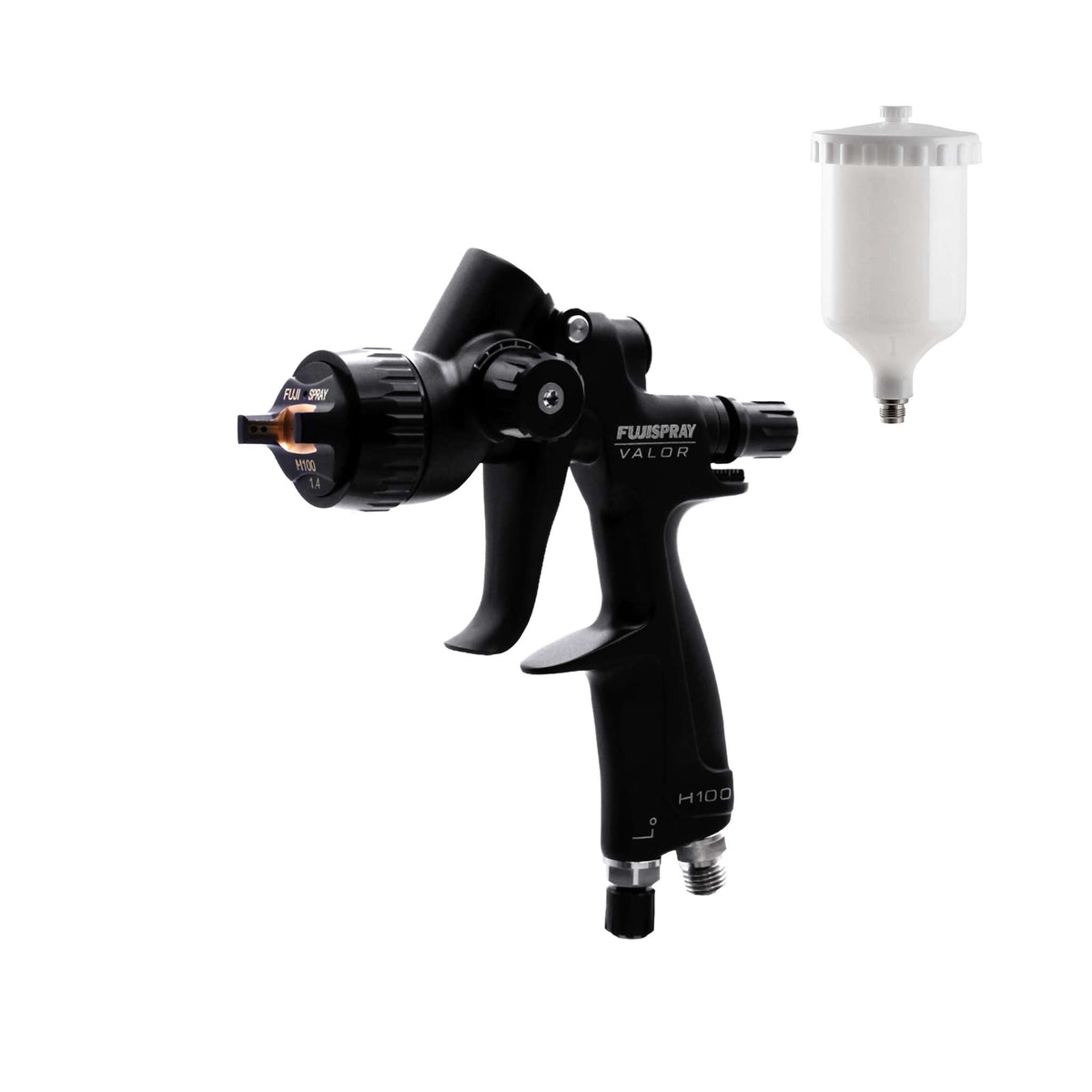 Fuji Spray VALOR H100 BASE compressor spray gun, black, shown beside its 600cc cup (nylon cup option).