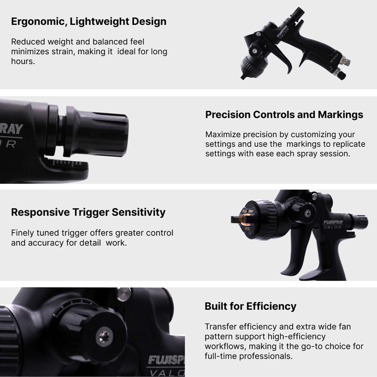 Fuji Spray VALOR series graphic: ergonomic lightweight design, precision controls and markings, responsive trigger sensitivity, built for efficiency.