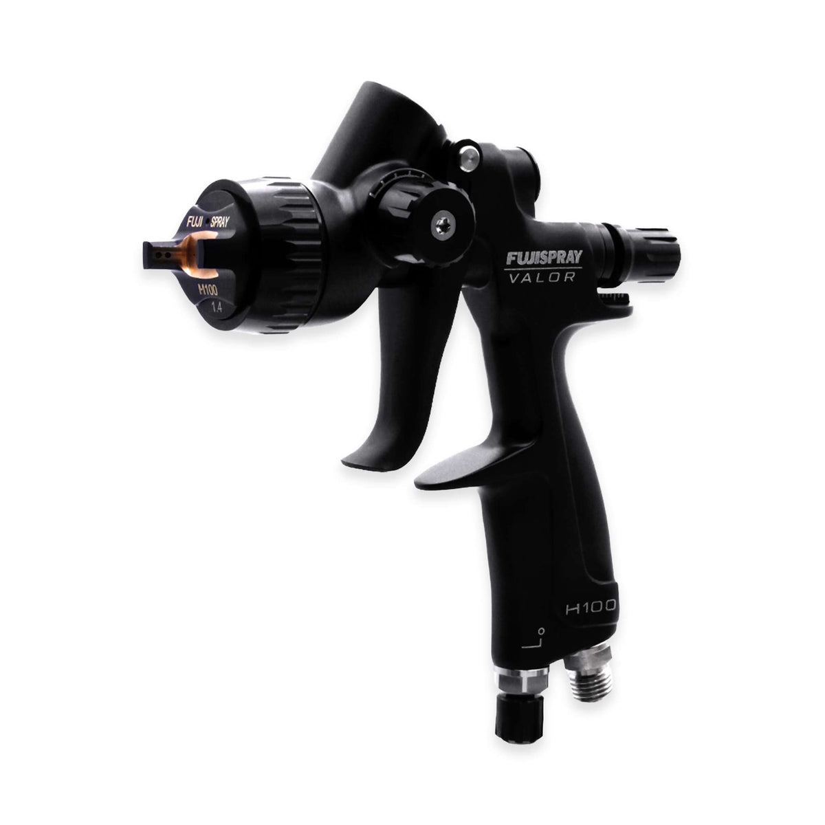 Fuji Spray VALOR H100 compressor spray gun in matte black, three-quarter view on a plain background.