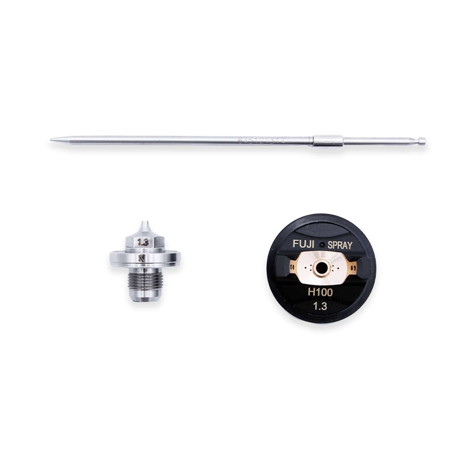 Close-up of a Fuji Spray VALOR H100 air cap set: air cap marked H100 1.3, fluid nozzle and needle on white.