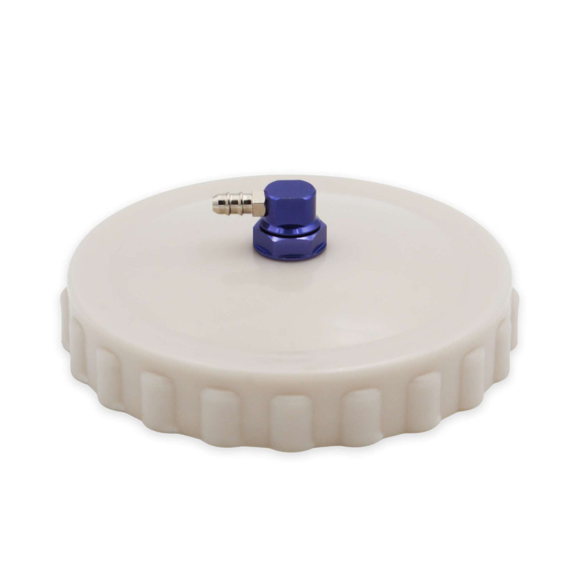 Fuji Spray T75G 600cc nylon cup lid, white, with its blue check valve fitting.