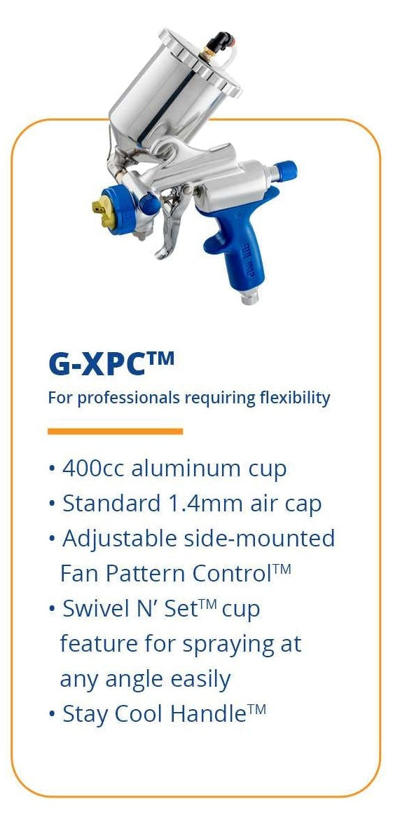 Fuji Spray G-XPC HVLP spray gun with side-mounted swivelling 400cc cup.