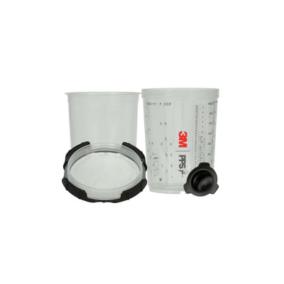 Parts of the 3M PPS 2.0 Midi Cup Kit: a disposable liner, the reusable hard cup, a lid and a sealing plug.
