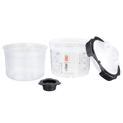 Parts of the 3M PPS 2.0 Mini Cup Kit: a disposable liner, the reusable hard cup, a lid and a sealing plug.