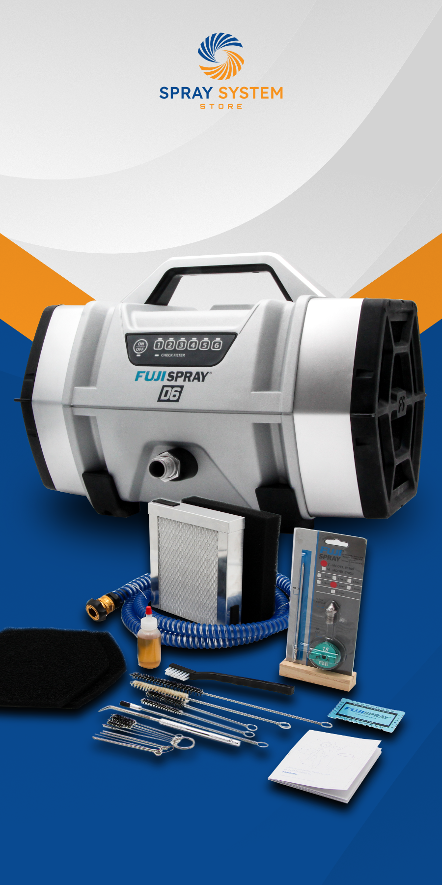 Fuji Spray D6 HVLP turbine with bonus accessories: filter, cleaning kit, and flexible hose.