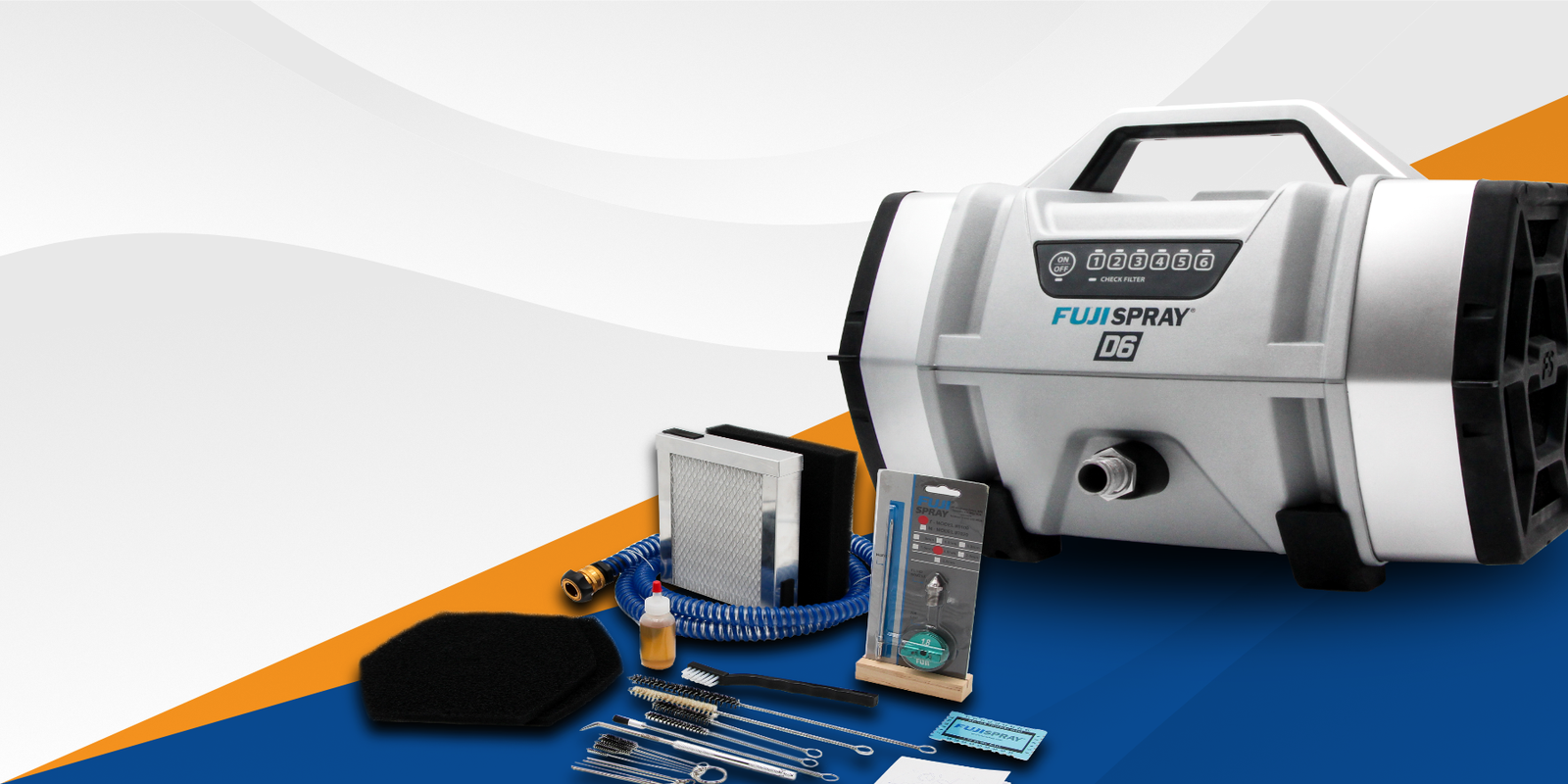 Fuji Spray D6 HVLP turbine with bonus accessories: filter, cleaning kit, and flexible hose.